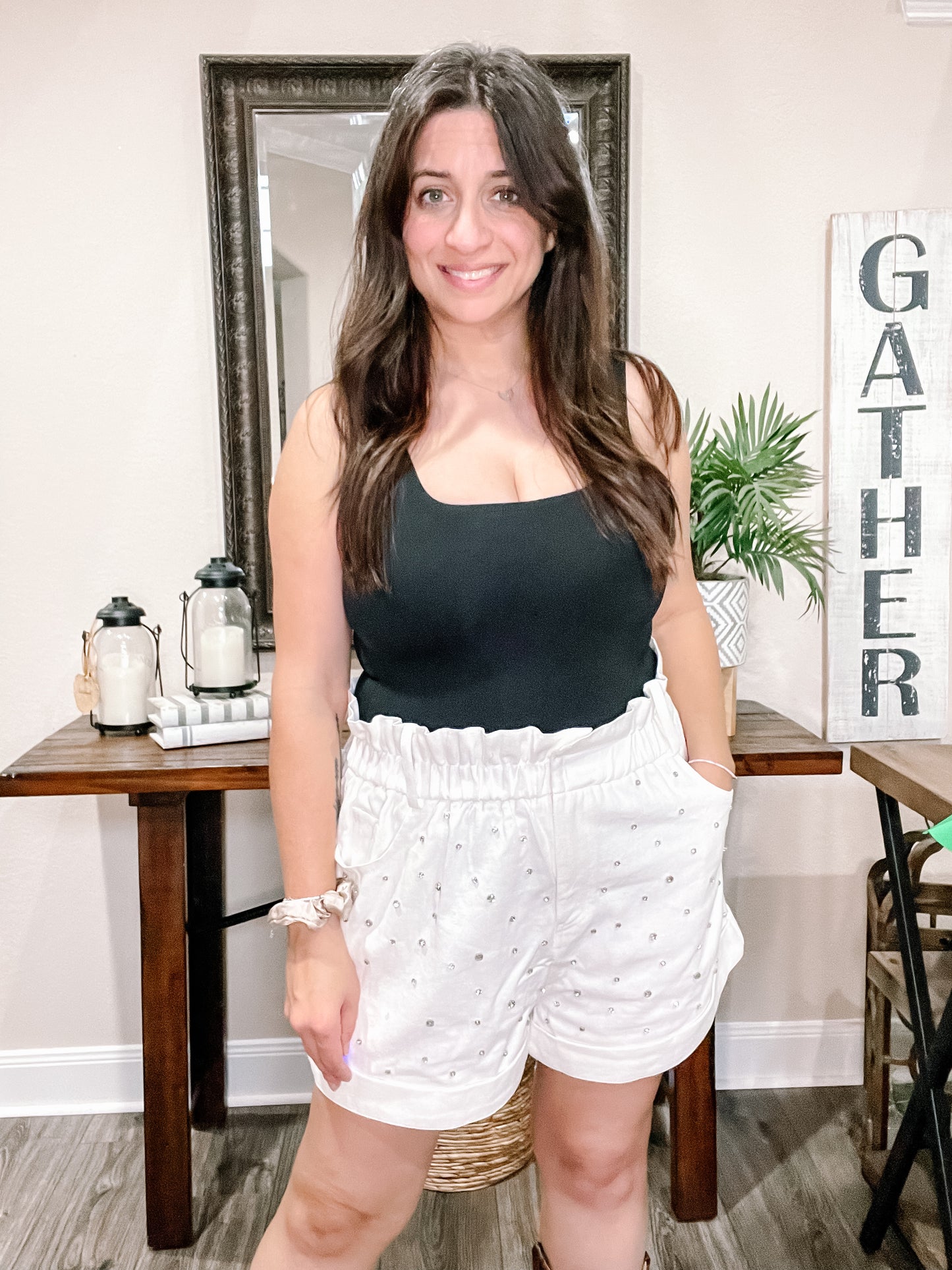 White Paper Bag Rhinestone Shorts