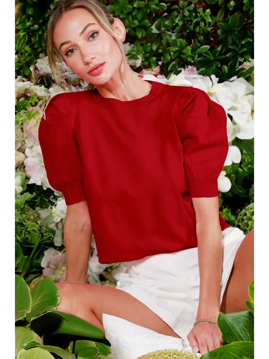 Burgandy Crew Neck Puff Sleeve Sweater