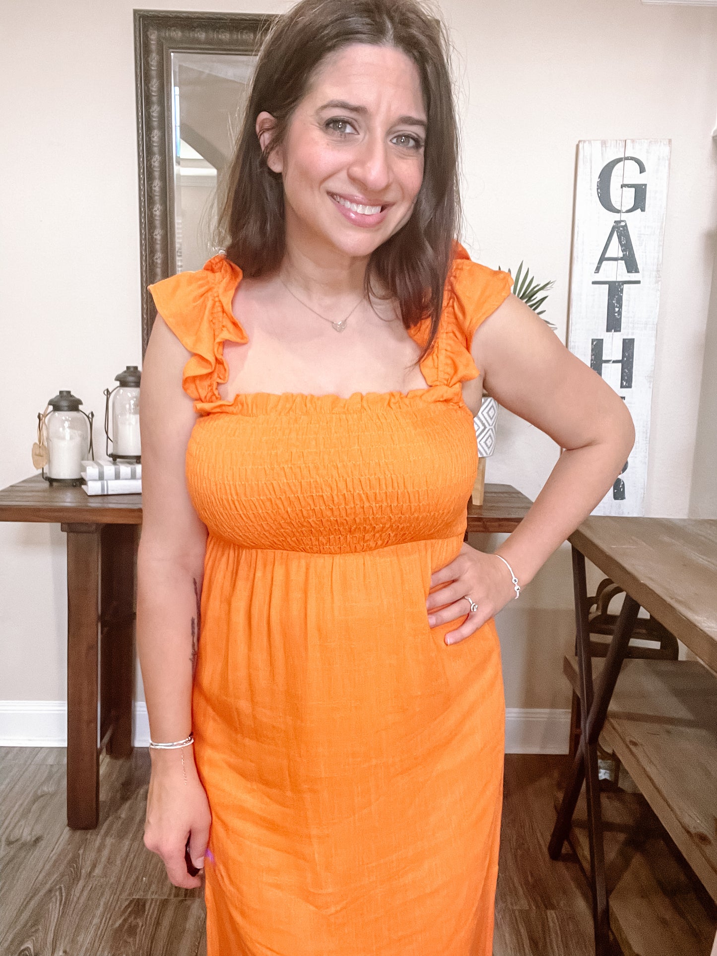 Orange Ruffle Sleeve Tie-Back Midi