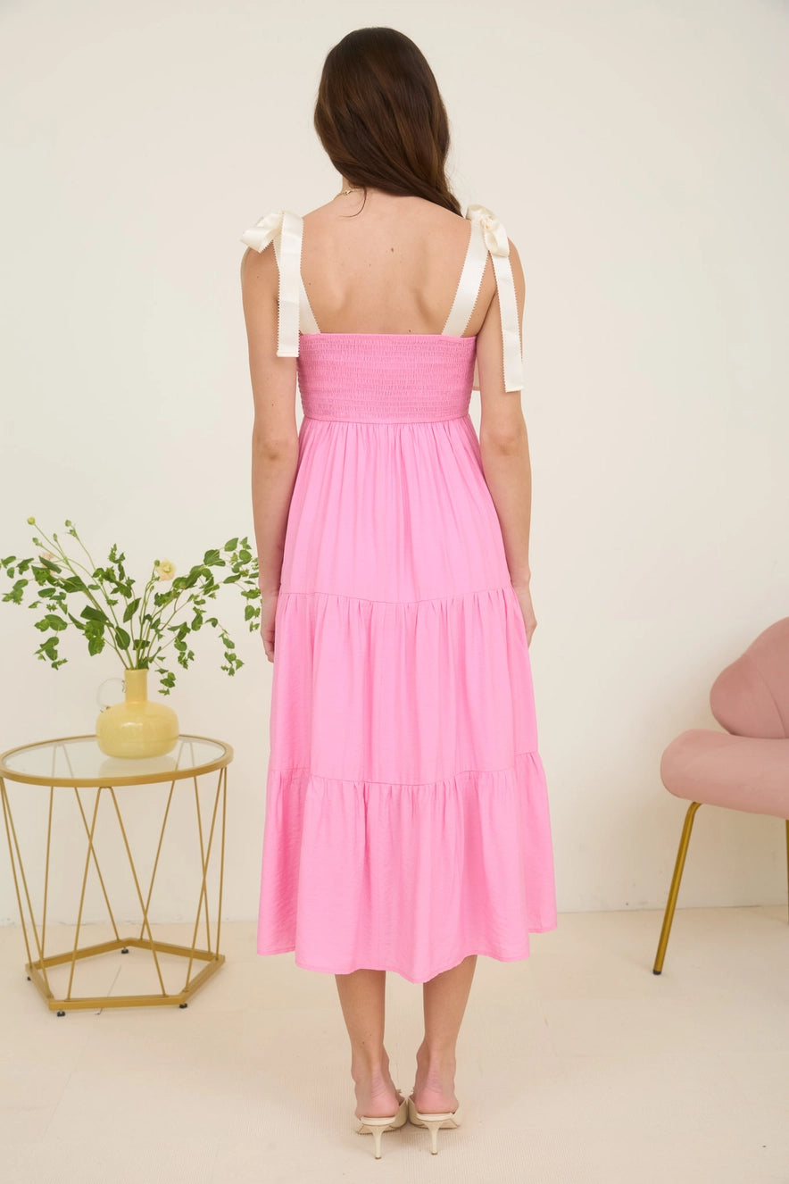 Pink Embroidered Ribbon Strap Tiered Maxi Dress