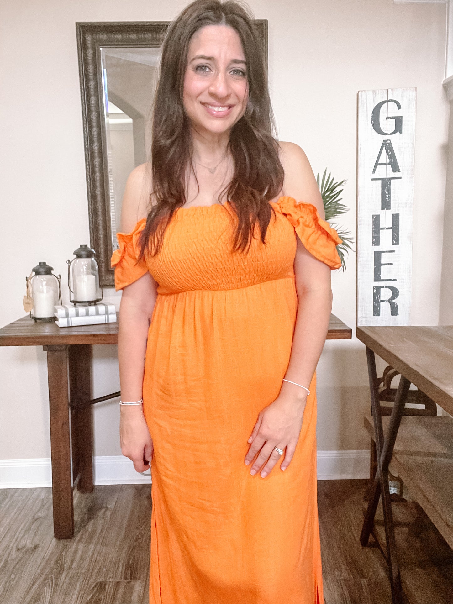 Orange Ruffle Sleeve Tie-Back Midi