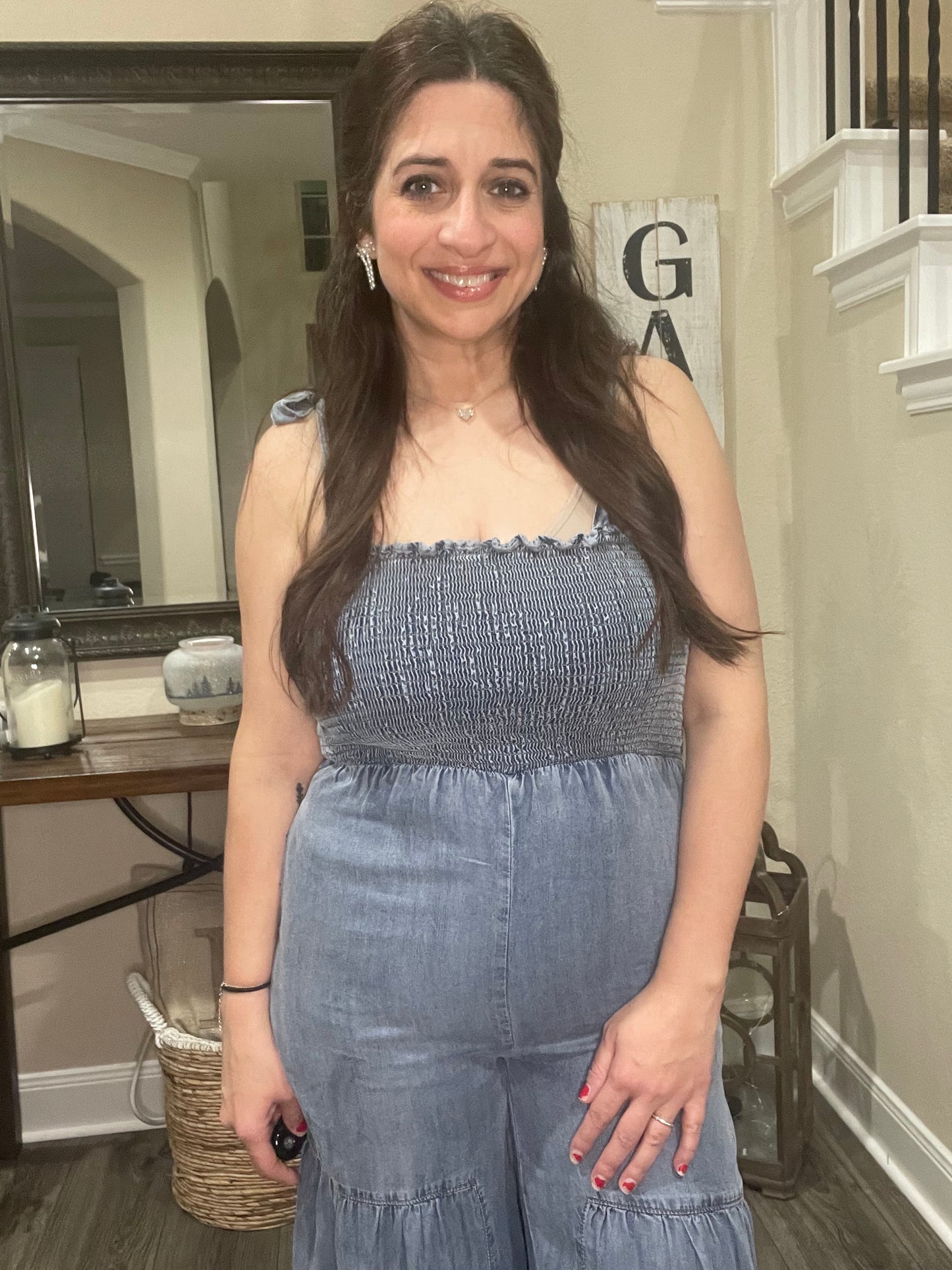 Smocked Tie Chambray Palazzo Wide Pant Jumpsuit