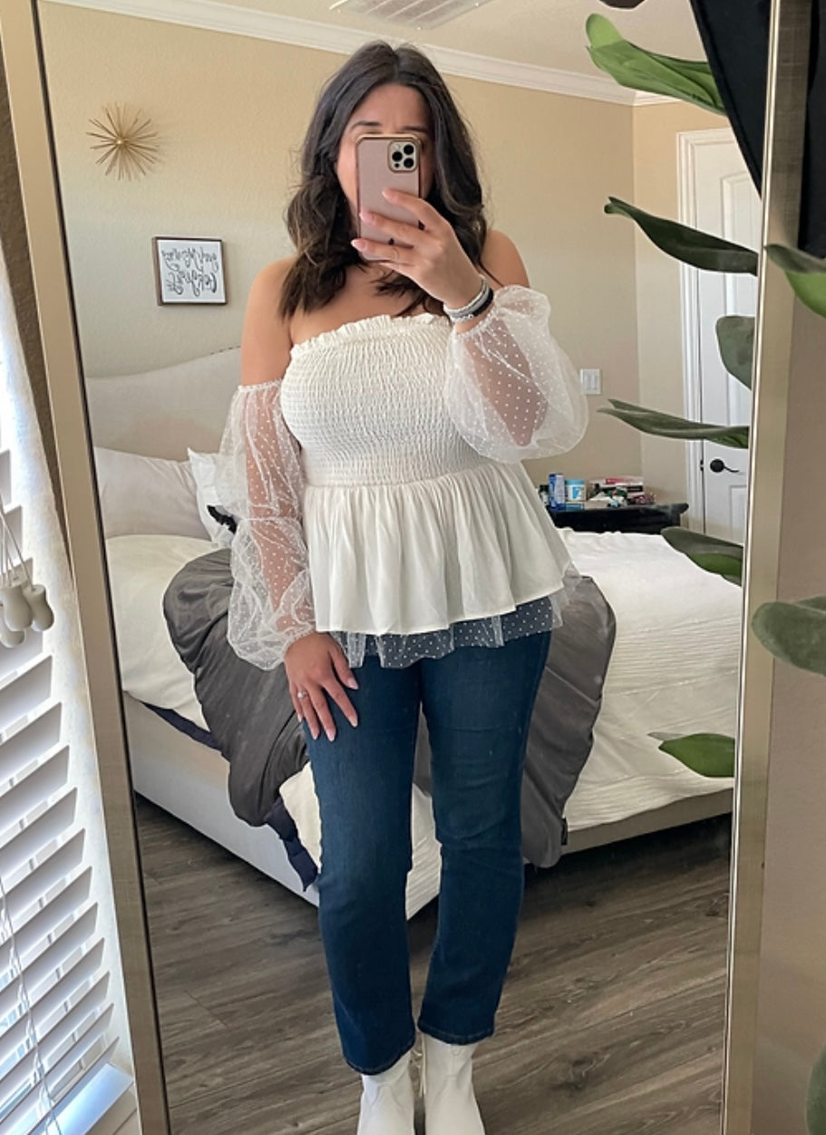 White Tulle Smocked Top