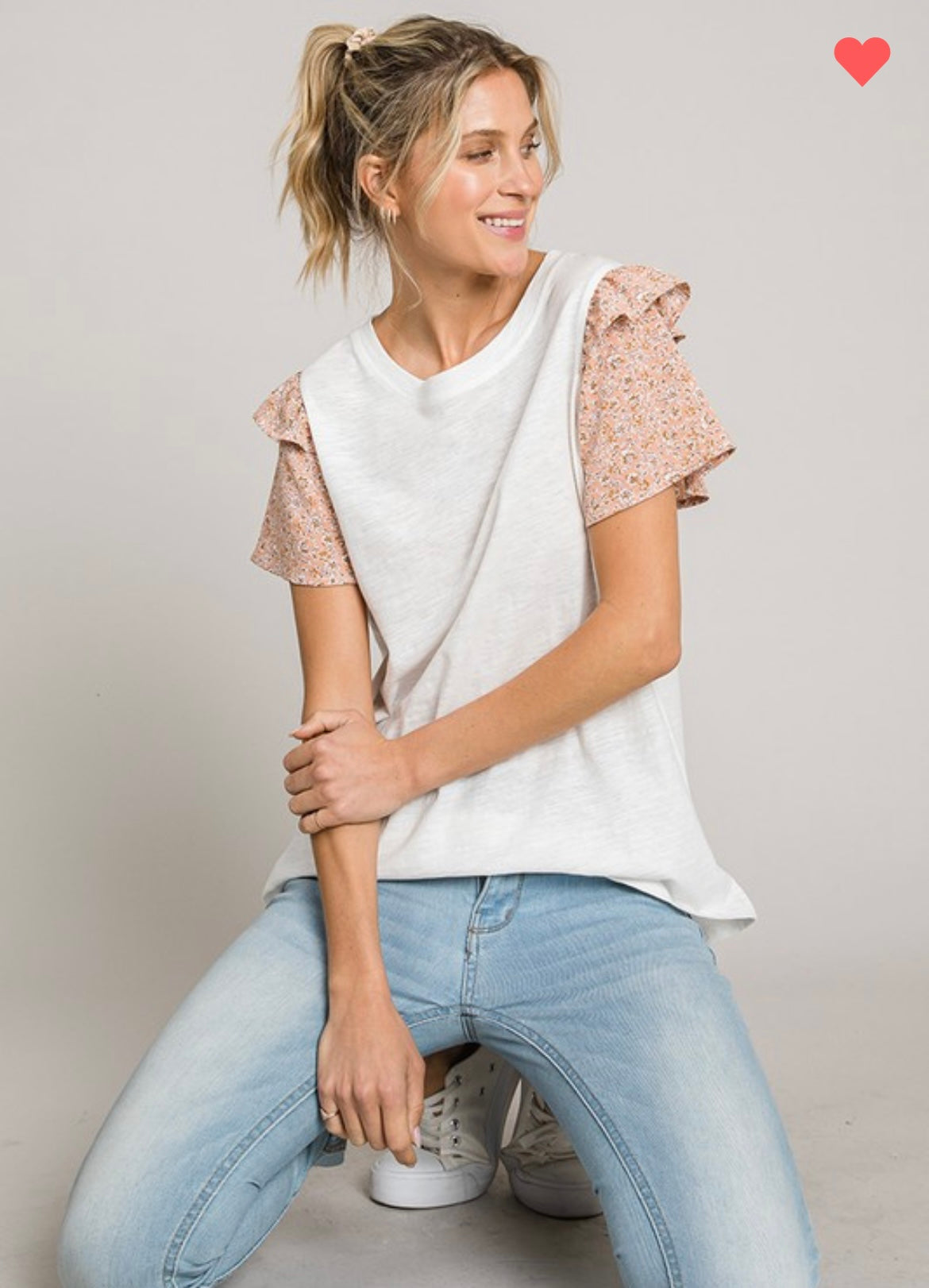 Salmon/White Ruffle Sleeve Top