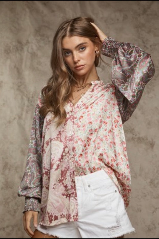 Mixed Print Silky Blouse
