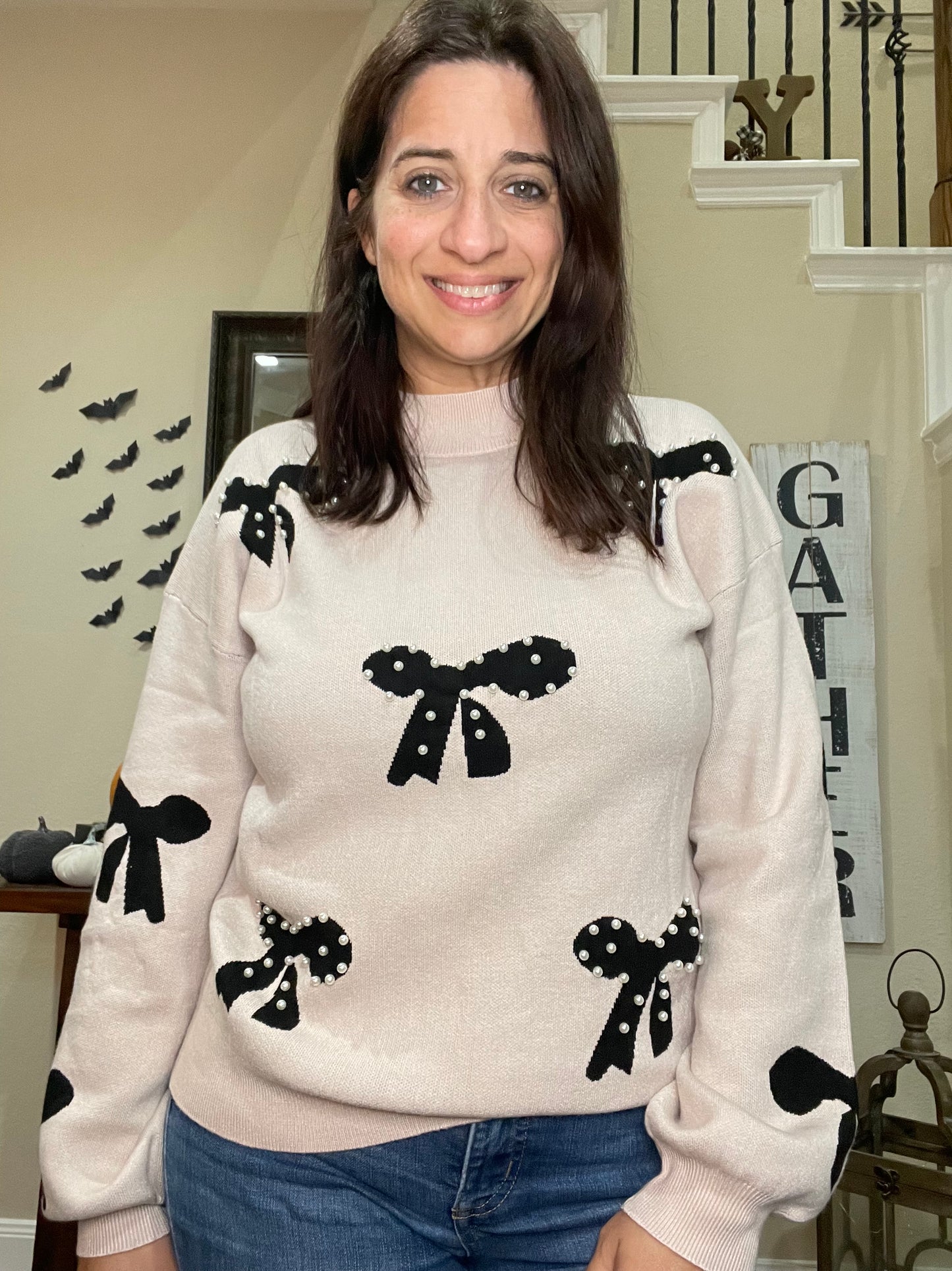 Pearl Trim Bow Pattern Bubble Sleeve Sweater