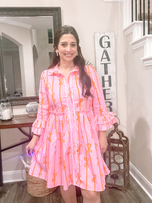 Bowknot Print Ruffle Shirt Dress