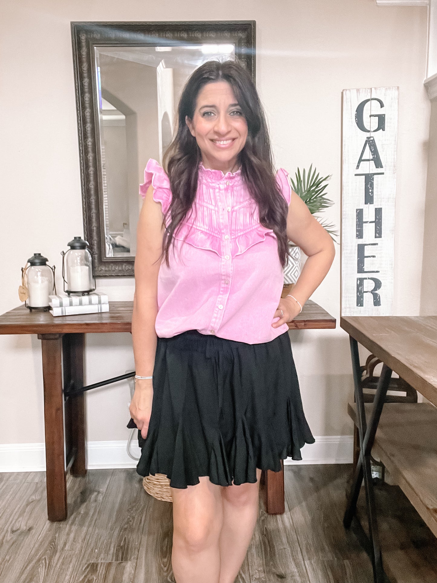 Pink Ruffle Denim Top