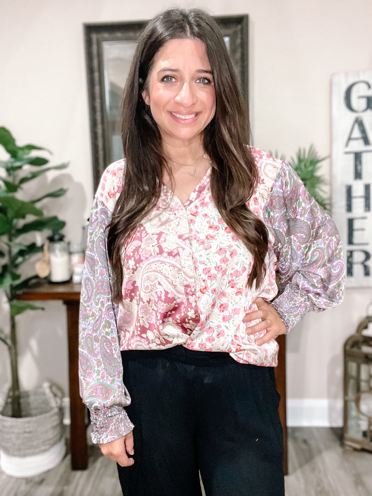 Mixed Print Silky Blouse
