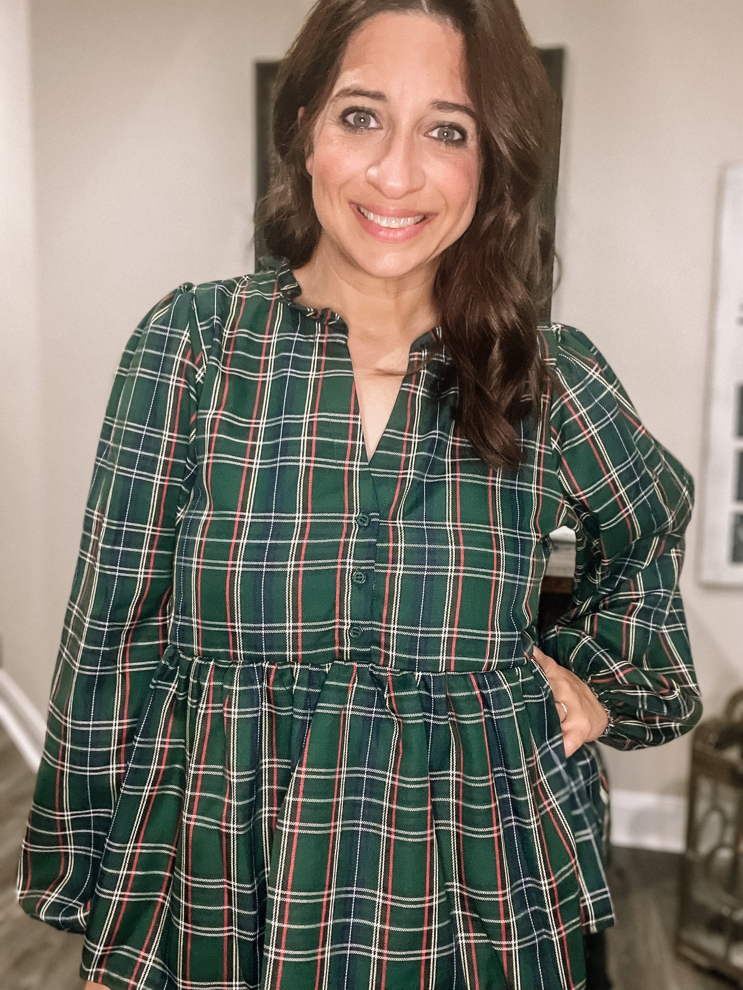 Hunter Green Plaid Half Open with Button Classic Blouse