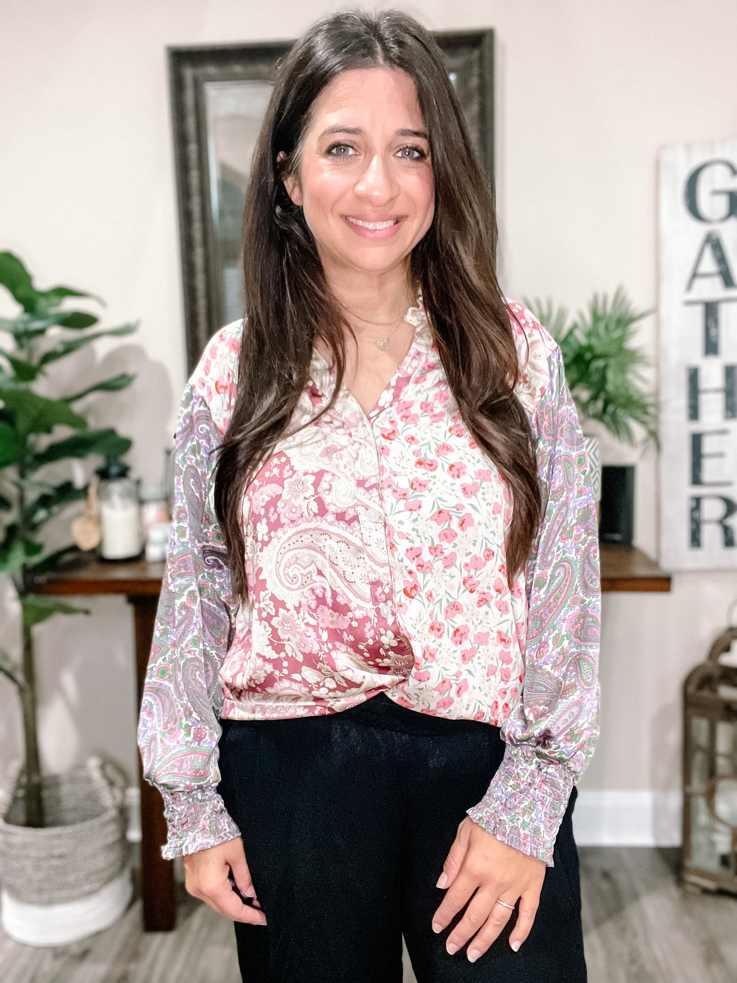 Mixed Print Silky Blouse