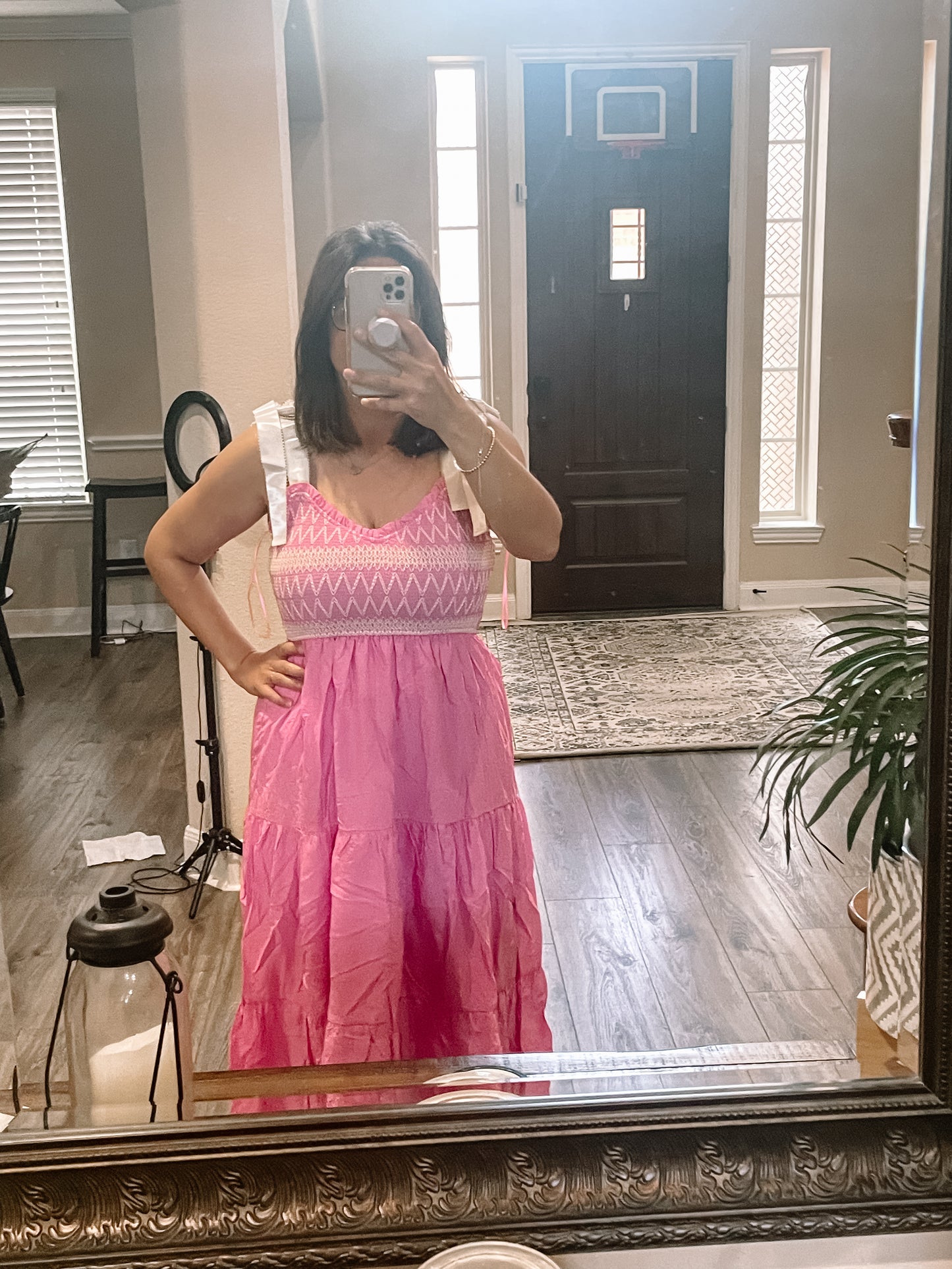 Pink Embroidered Ribbon Strap Tiered Maxi Dress