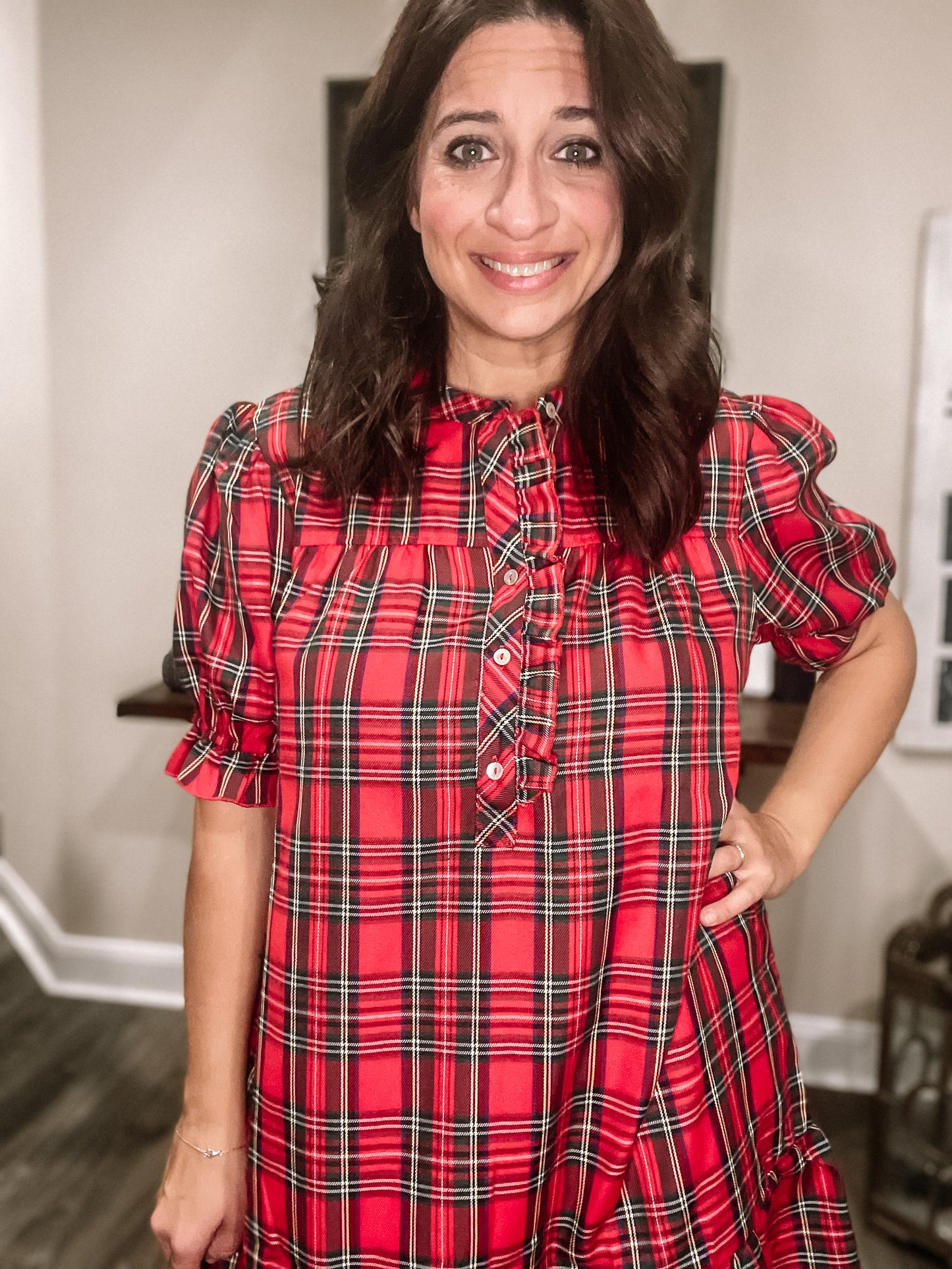 Red Plaid Print Ruffled Shirt Dress