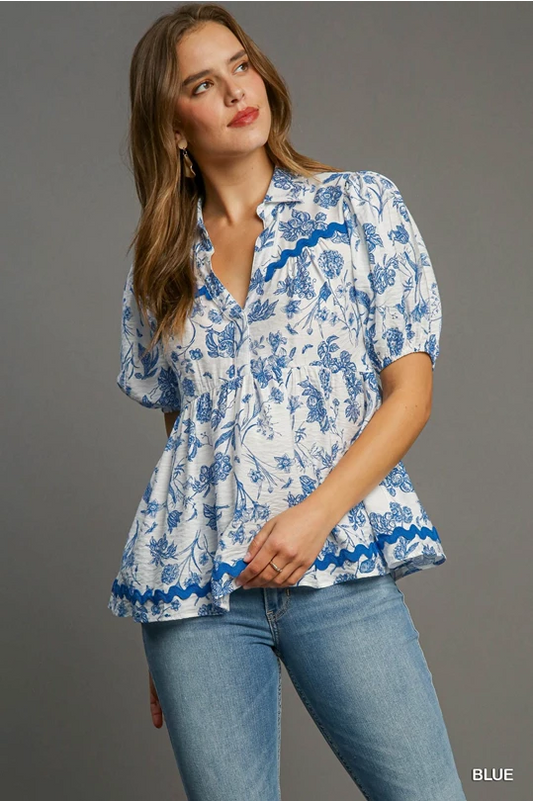 Blue Floral Babydoll Top