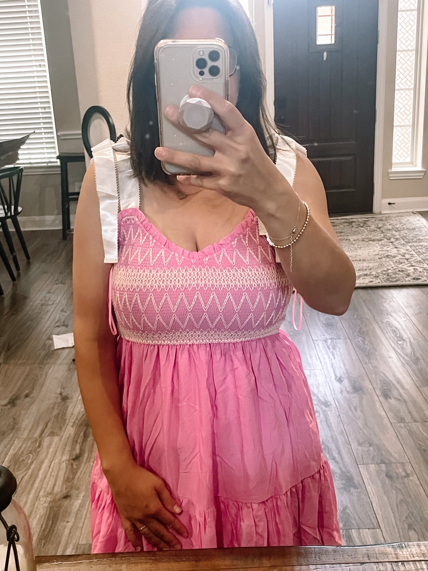 Pink Embroidered Ribbon Strap Tiered Maxi Dress