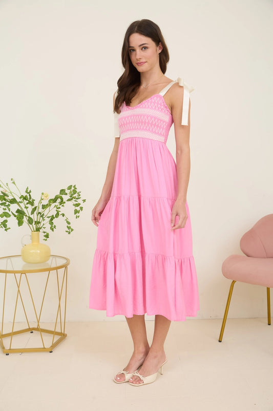 Pink Embroidered Ribbon Strap Tiered Maxi Dress