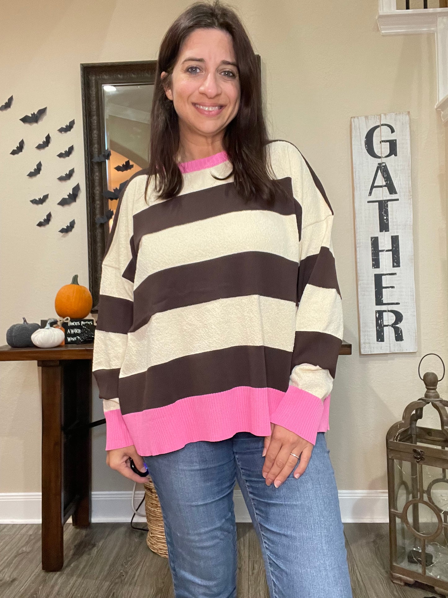 Brown and Cream Striped Soft Knit Long Sleeve Sweater