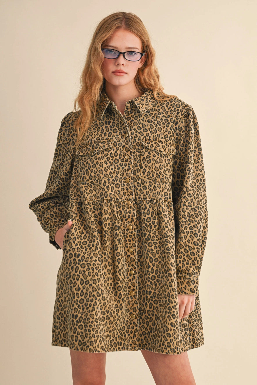 Denim Leopard Print Button Down Mini Dress