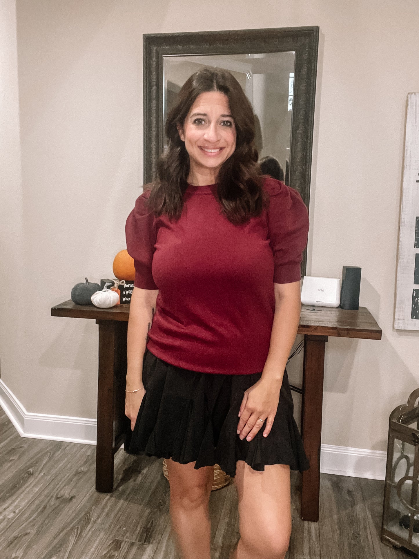 Burgandy Crew Neck Puff Sleeve Sweater