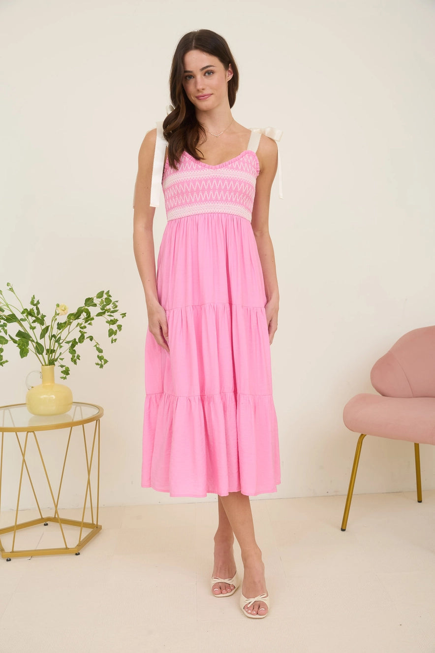 Pink Embroidered Ribbon Strap Tiered Maxi Dress