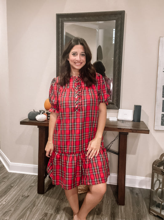 Red Plaid Print Ruffled Shirt Dress