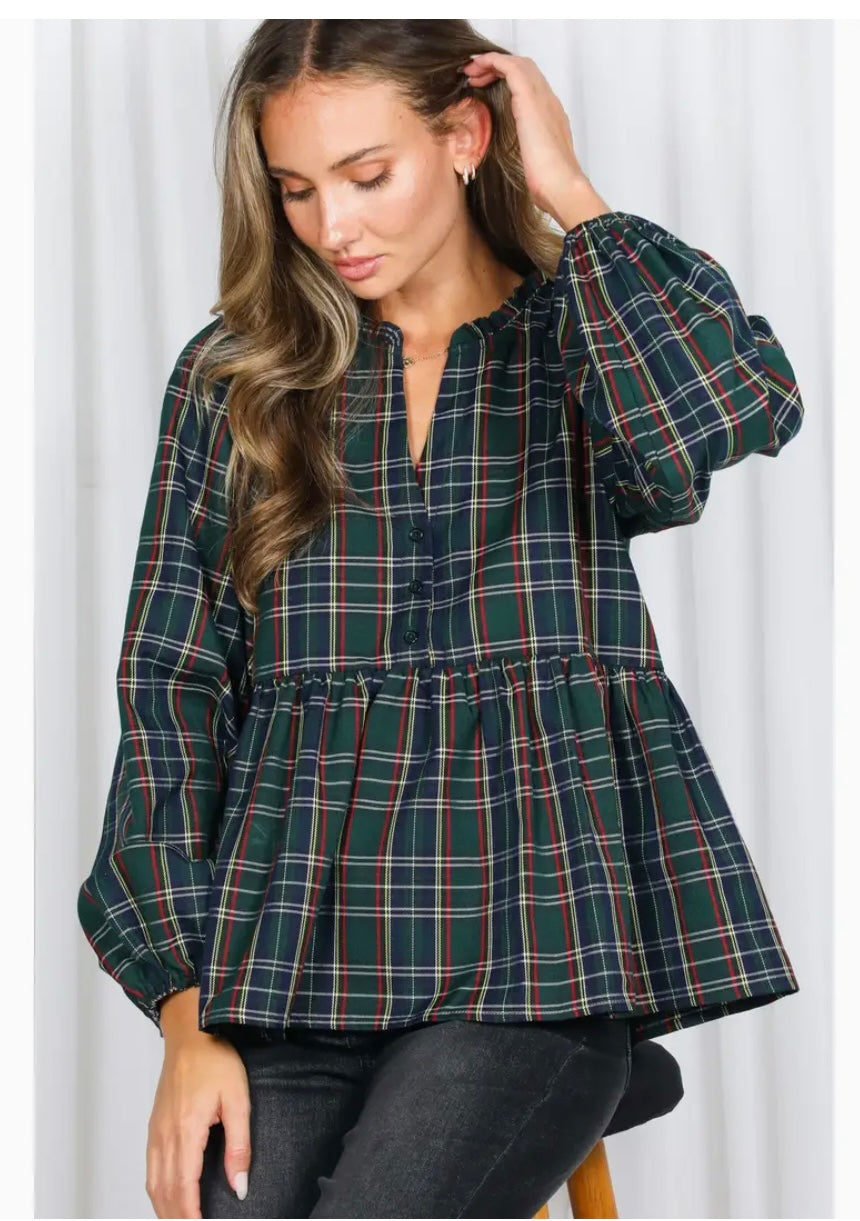 Hunter Green Plaid Half Open with Button Classic Blouse