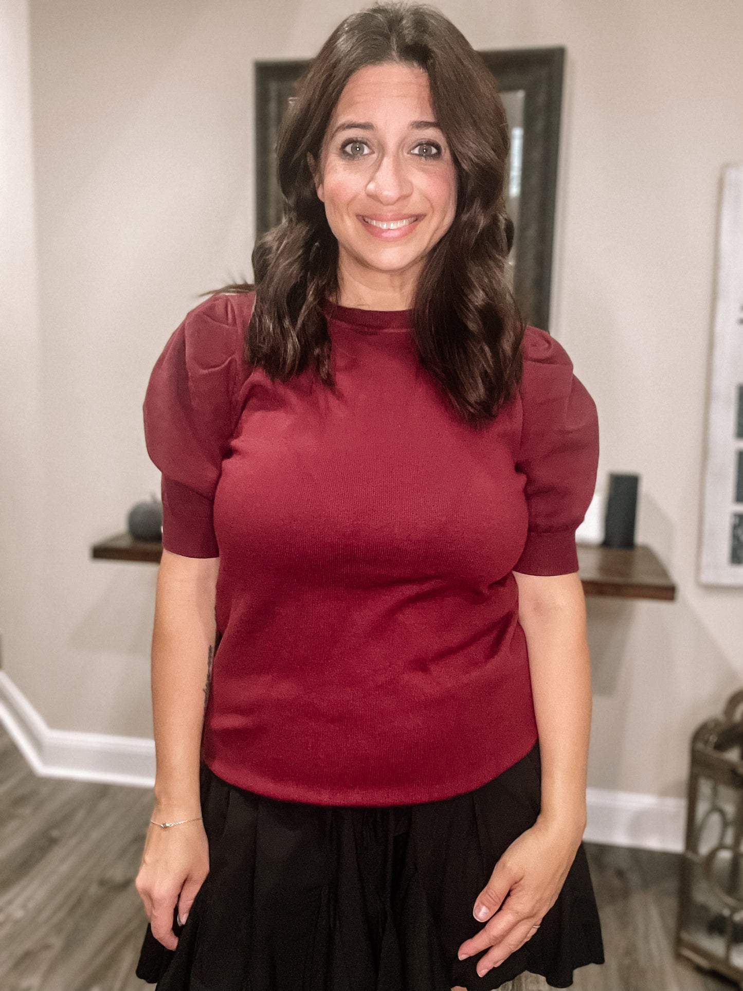 Burgandy Crew Neck Puff Sleeve Sweater
