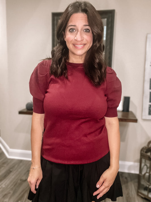 Burgandy Crew Neck Puff Sleeve Sweater