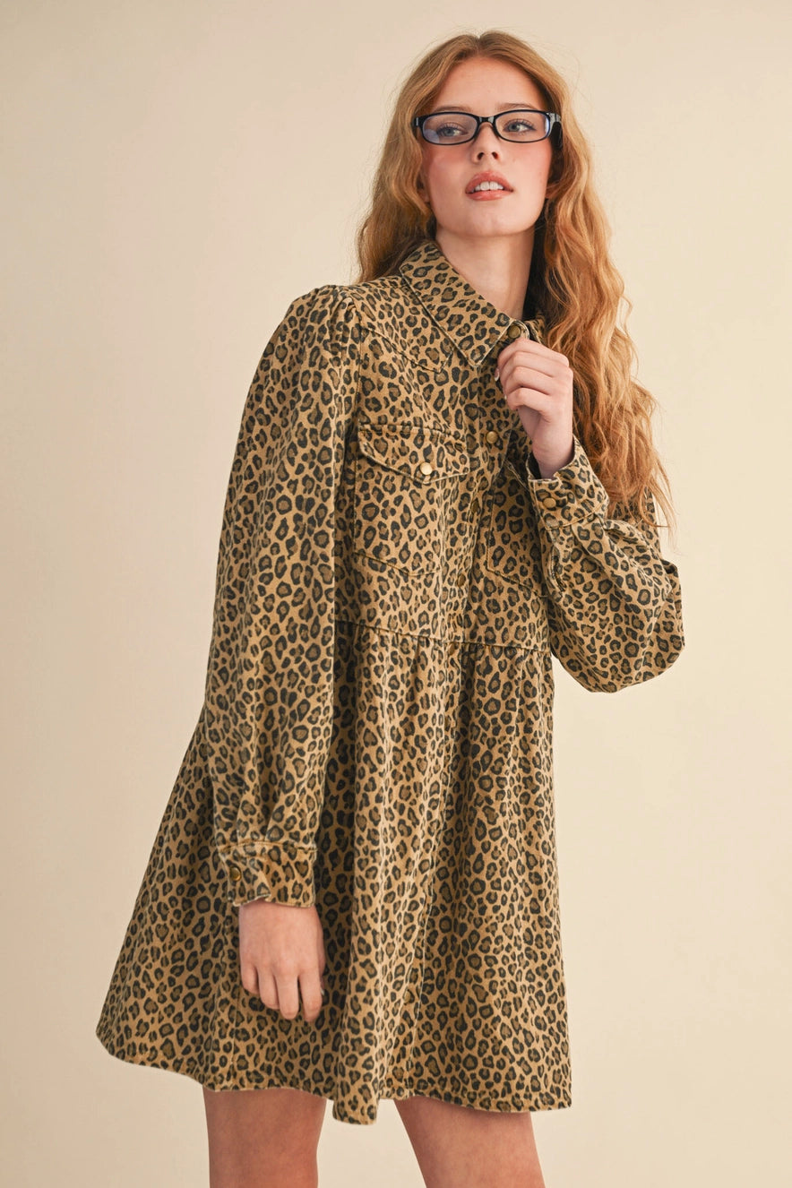 Denim Leopard Print Button Down Mini Dress