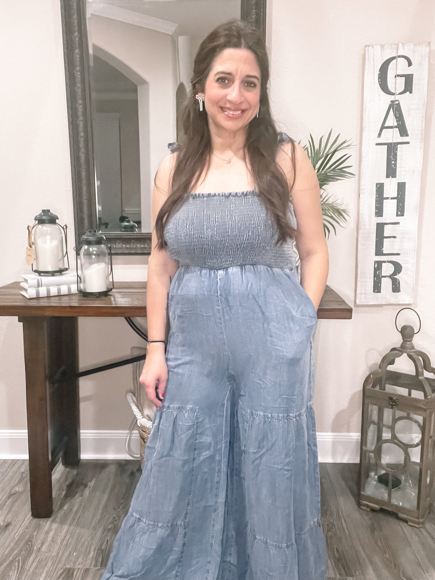 Smocked Tie Chambray Palazzo Wide Pant Jumpsuit