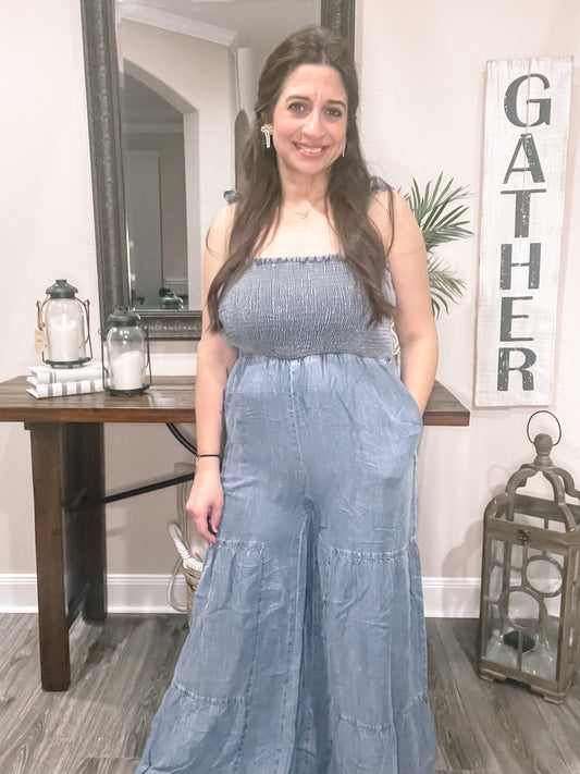 Smocked Tie Chambray Palazzo Wide Pant Jumpsuit