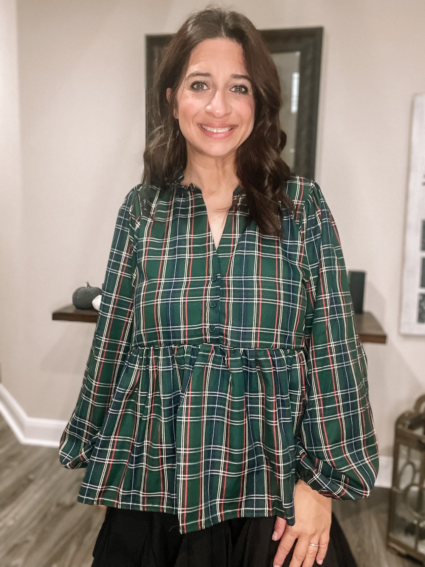 Hunter Green Plaid Half Open with Button Classic Blouse