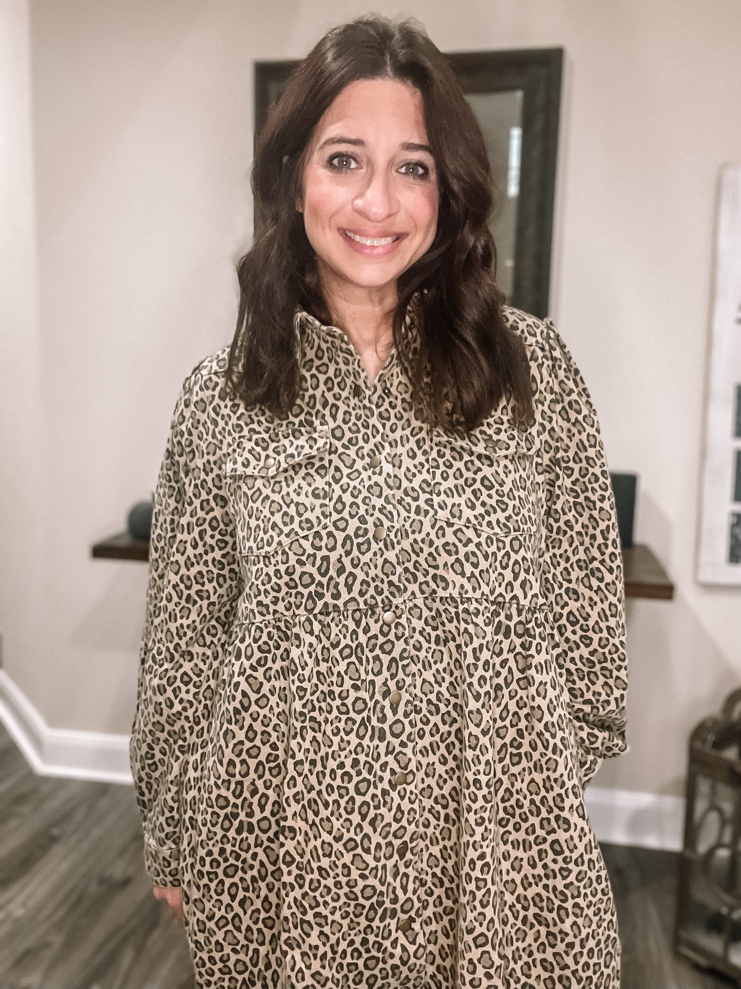 Denim Leopard Print Button Down Mini Dress