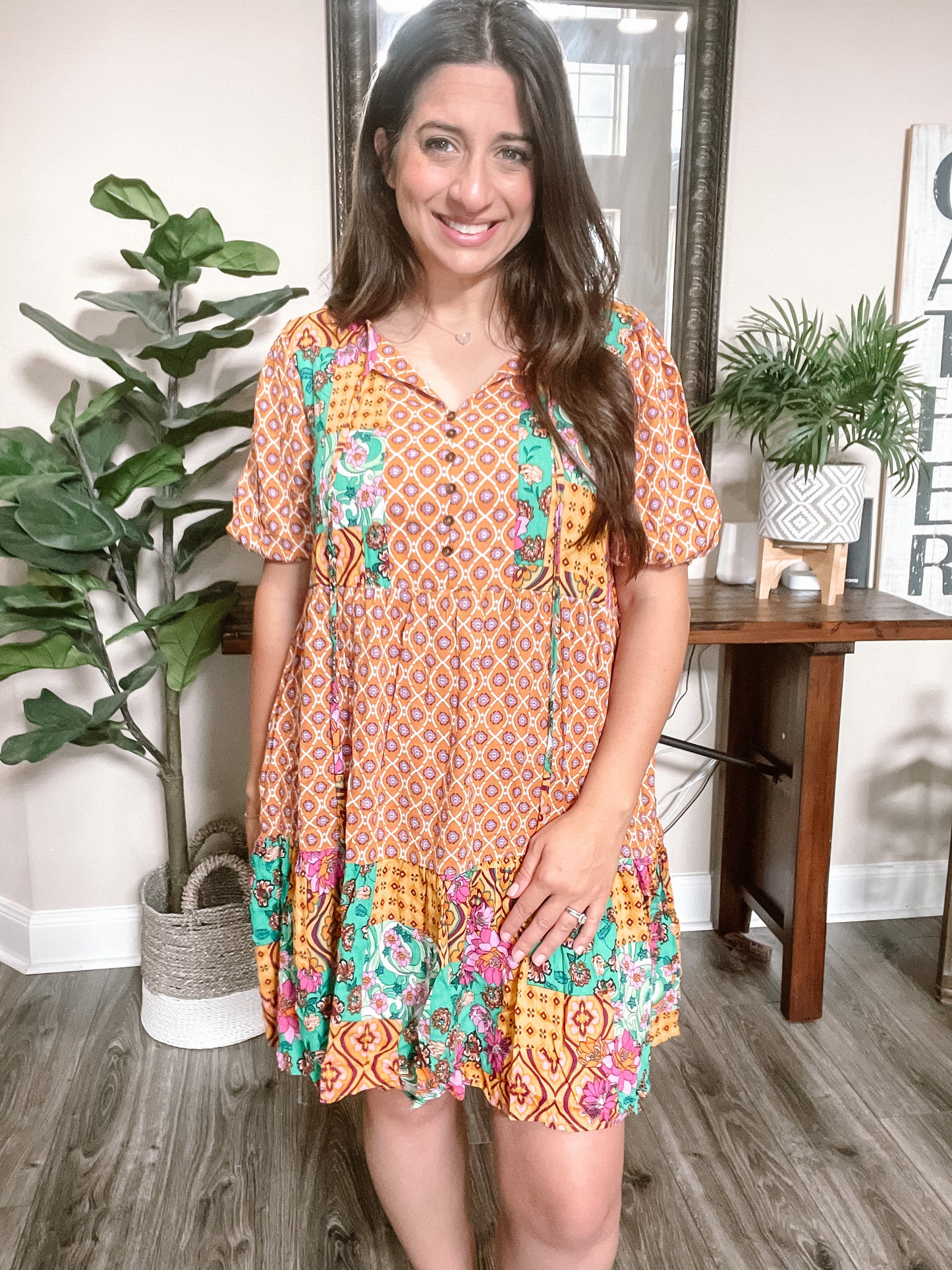 Mixed Print Orange Short Dress