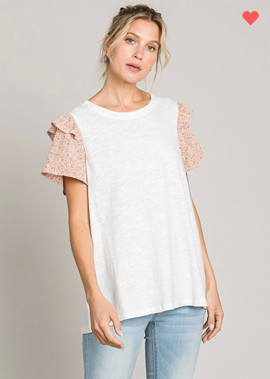 Salmon/White Ruffle Sleeve Top